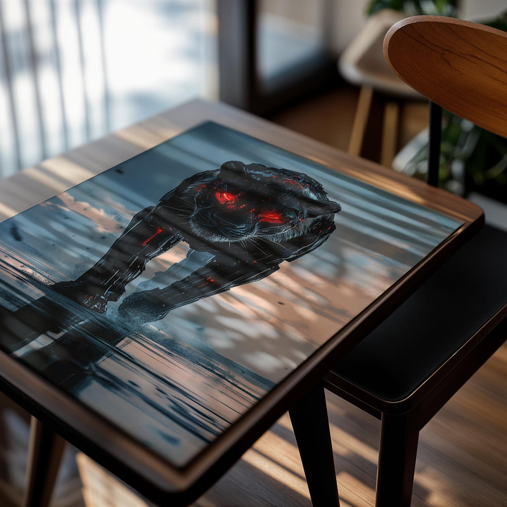 Cyborg panther with red eyes walking on water against a cloudy sky, as a premium aluminum metal print from GoMetalPrint.
