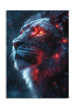 Digital artwork of a lion with glowing red eyes against a dark background, as a premium aluminum metal print from GoMetalPrint.
