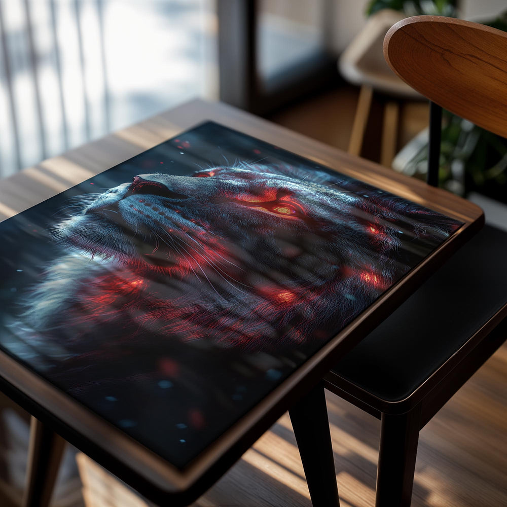 Digital artwork of a lion with glowing red eyes against a dark background, as a premium aluminum metal print from GoMetalPrint.
