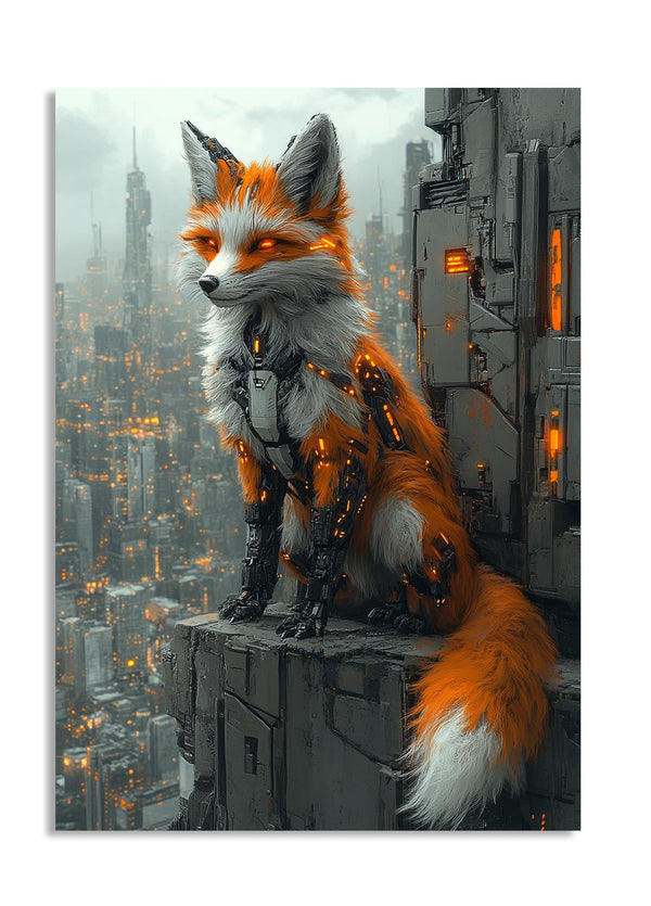 Fox-like creature with robotic elements in a futuristic , as a premium aluminum metal print from GoMetalPrint.
