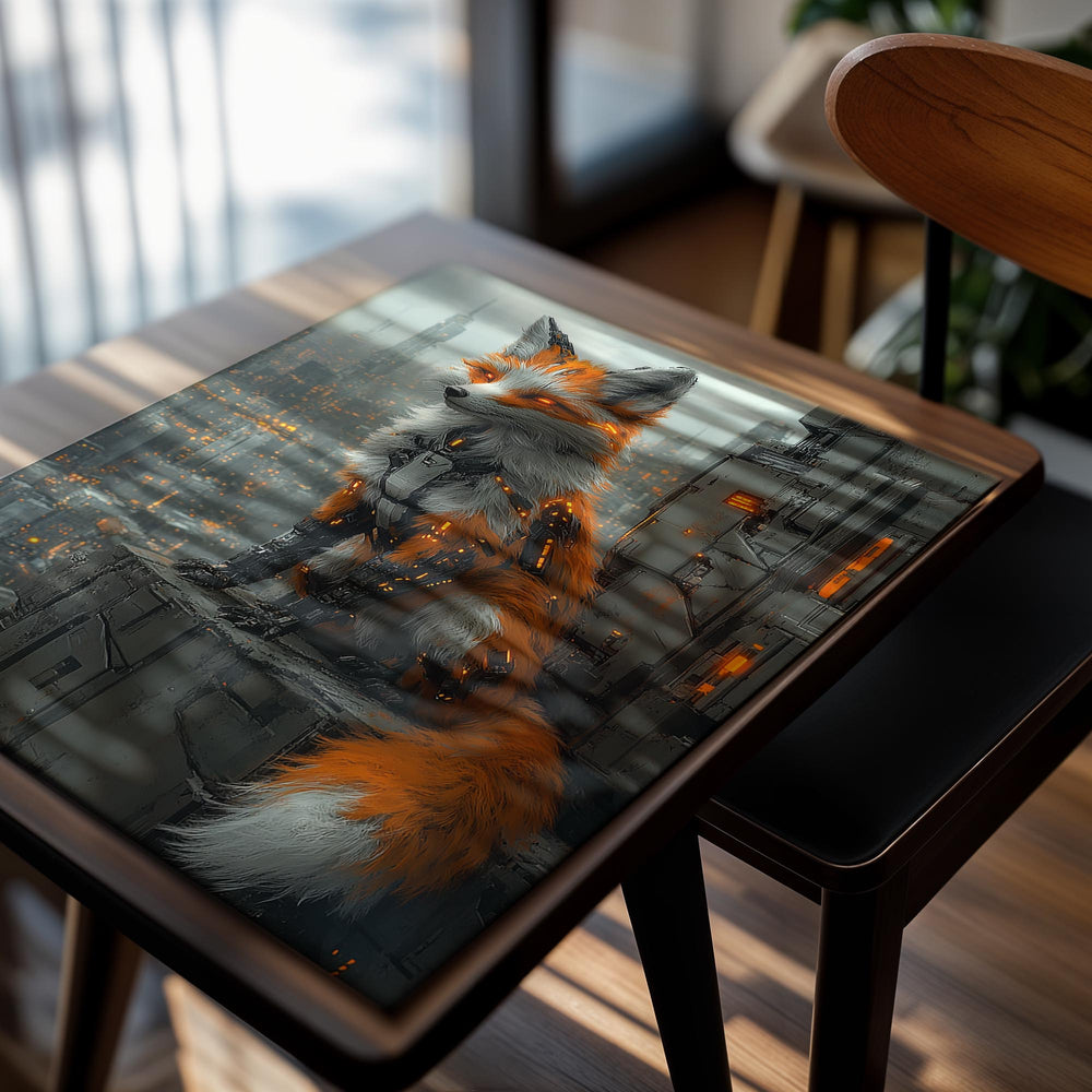 Fox-like creature with robotic elements in a futuristic , as a premium aluminum metal print from GoMetalPrint.
