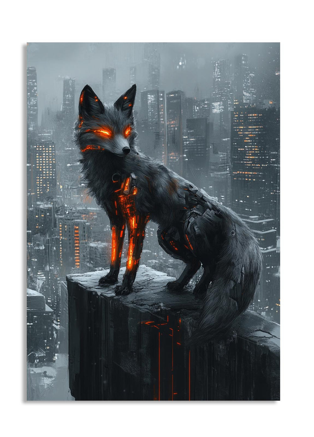 Fox with glowing orange eyes in a futuristic cityscape, as a premium aluminum metal print from GoMetalPrint.
