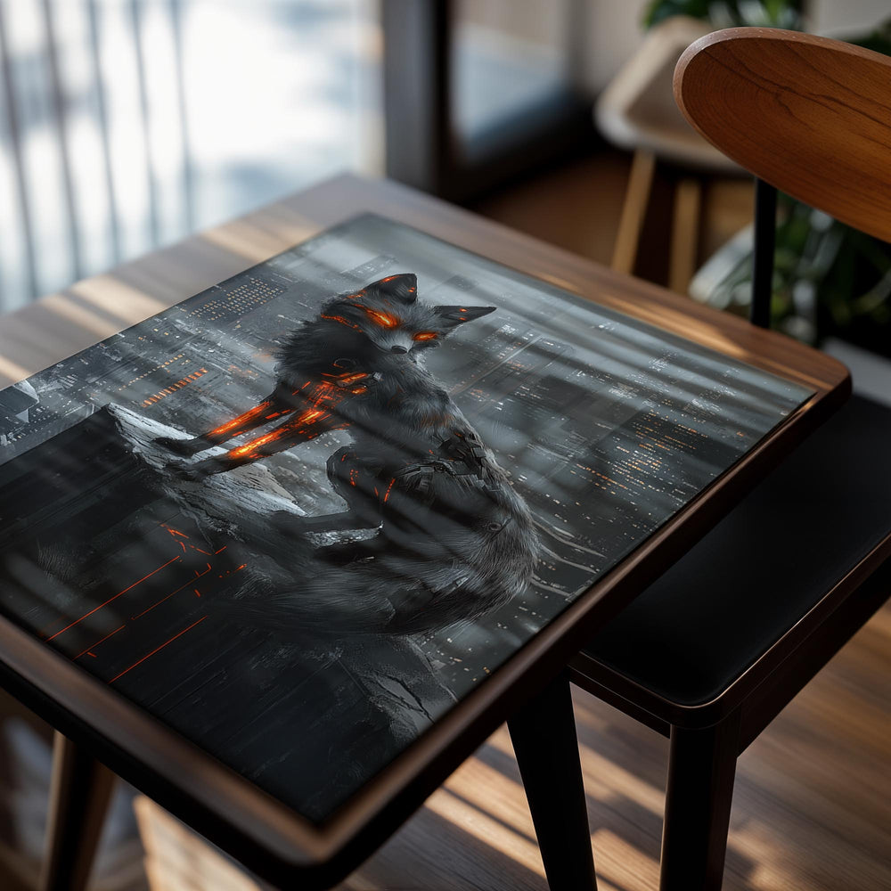 Fox with glowing orange eyes in a futuristic cityscape, as a premium aluminum metal print from GoMetalPrint.
