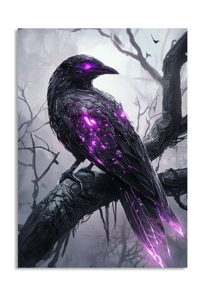 Purple-feathered bird on a branch with a misty background, as a premium aluminum metal print from GoMetalPrint.
