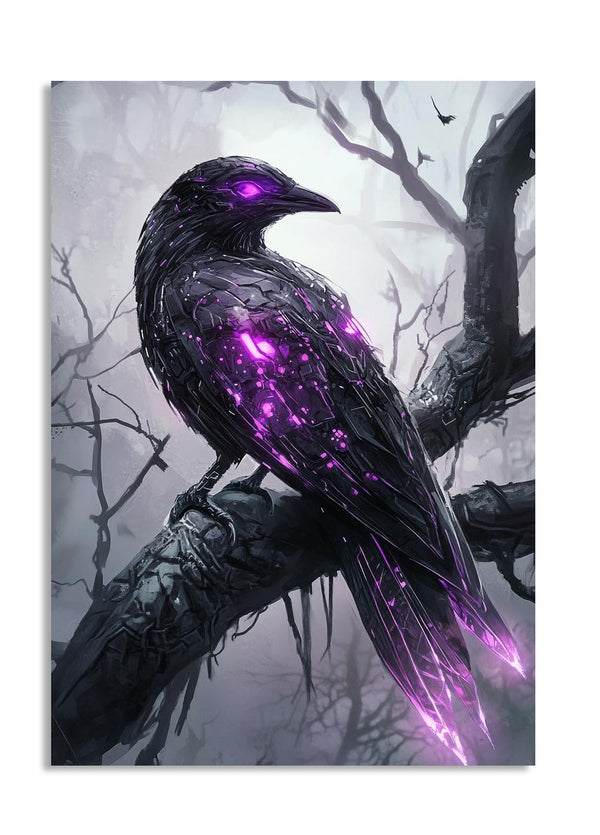 Purple-feathered bird on a branch with a misty background, as a premium aluminum metal print from GoMetalPrint.
