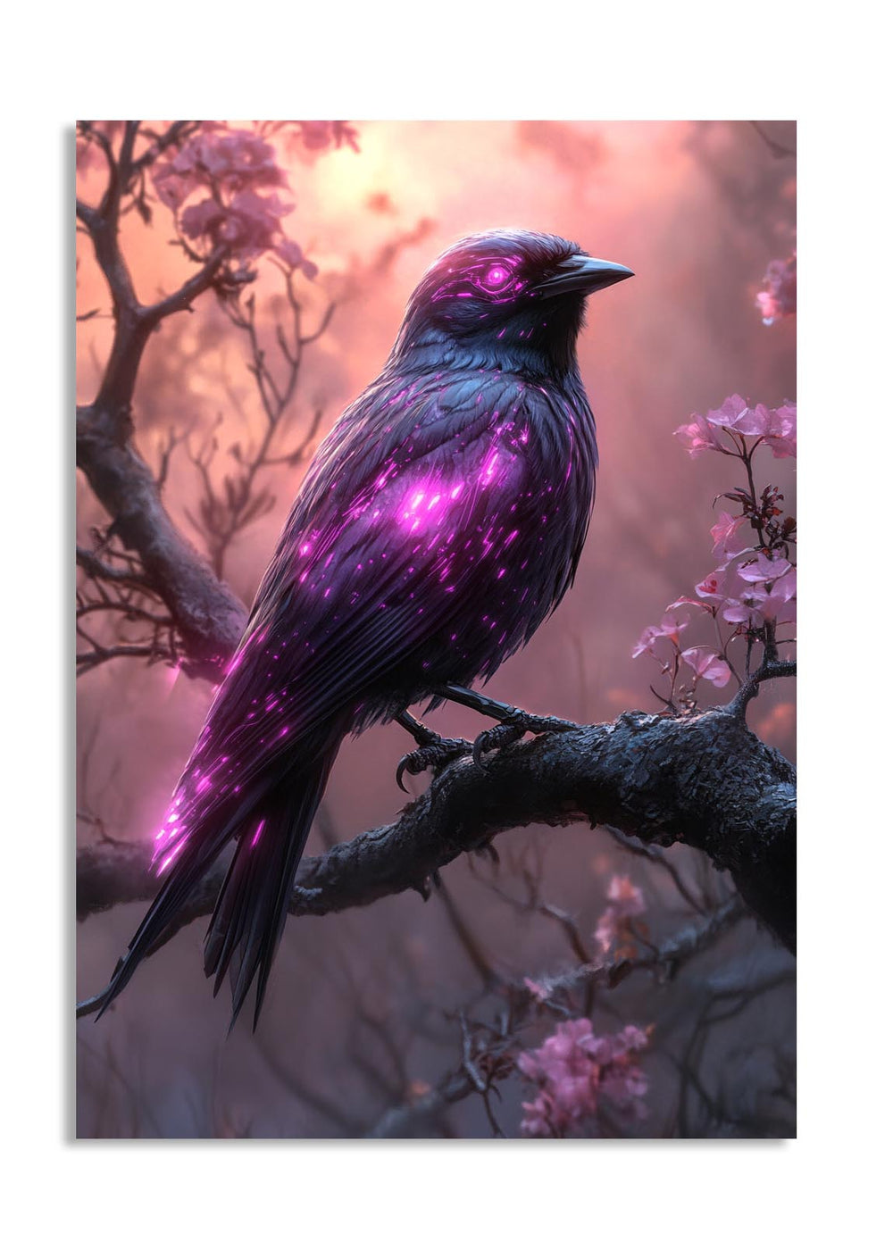 Purple bird on a branch with a pink and purple background, as a premium aluminum metal print from GoMetalPrint.
