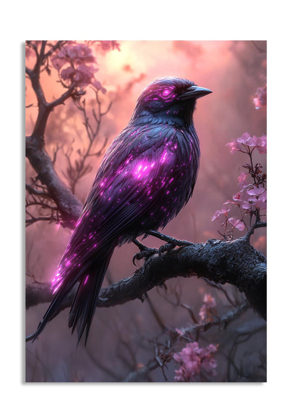Purple bird on a branch with a pink and purple background, as a premium aluminum metal print from GoMetalPrint.
