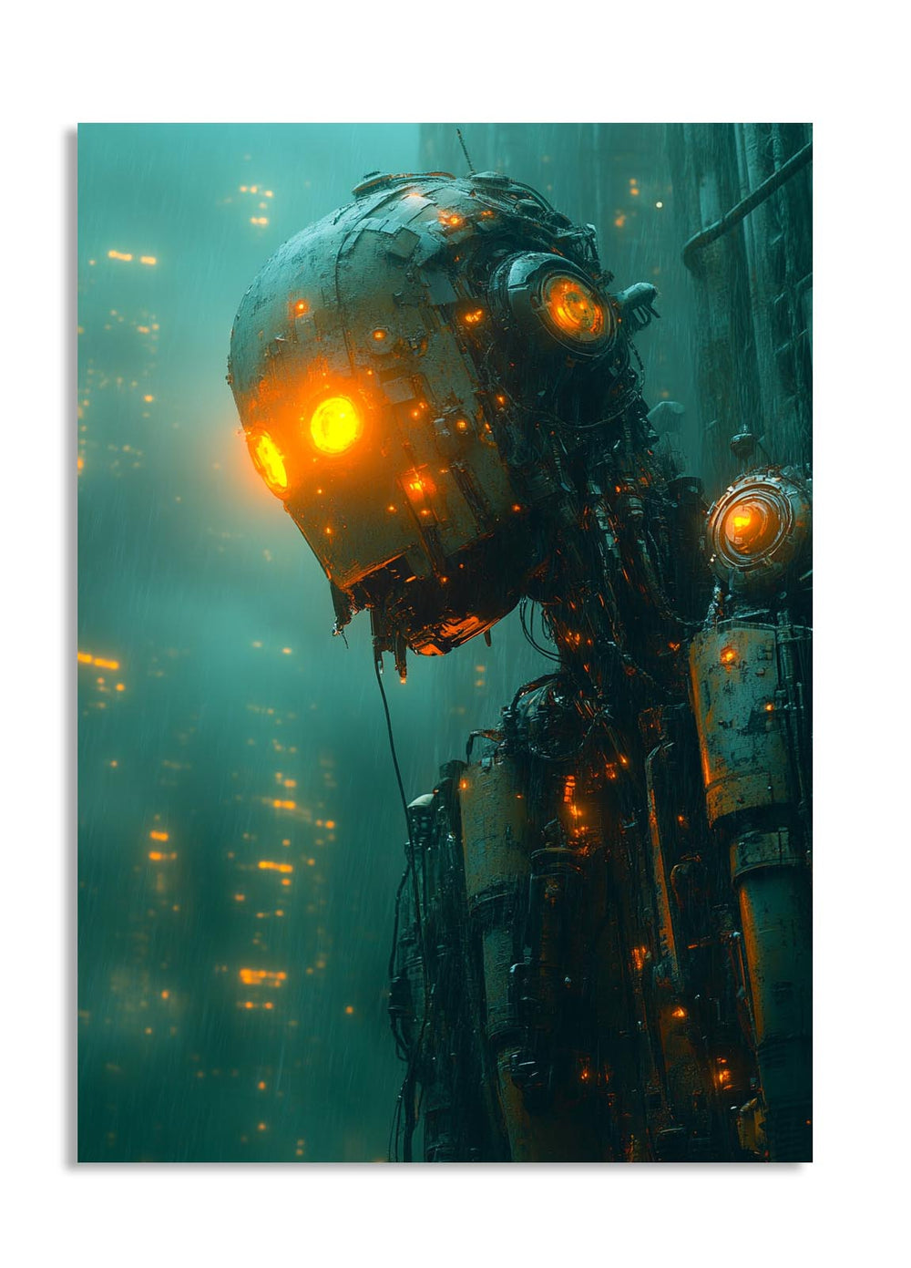 Mechanical creature with glowing eyes against a dark, urban background, as a premium aluminum metal print from GoMetalPrint.
