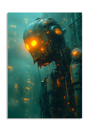 Mechanical creature with glowing eyes against a dark, urban background, as a premium aluminum metal print from GoMetalPrint.
