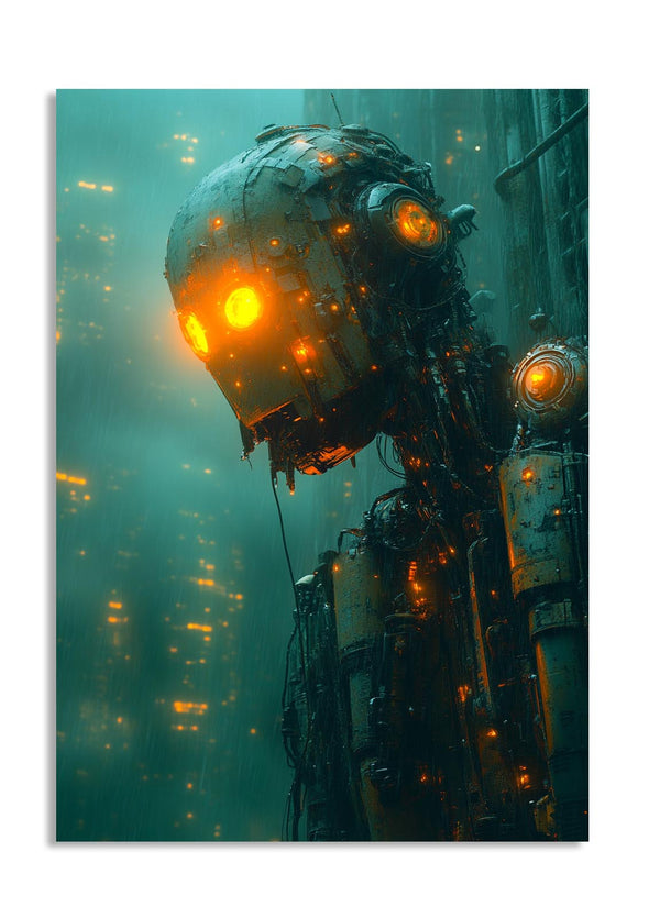 Mechanical creature with glowing eyes against a dark, urban background, as a premium aluminum metal print from GoMetalPrint.
