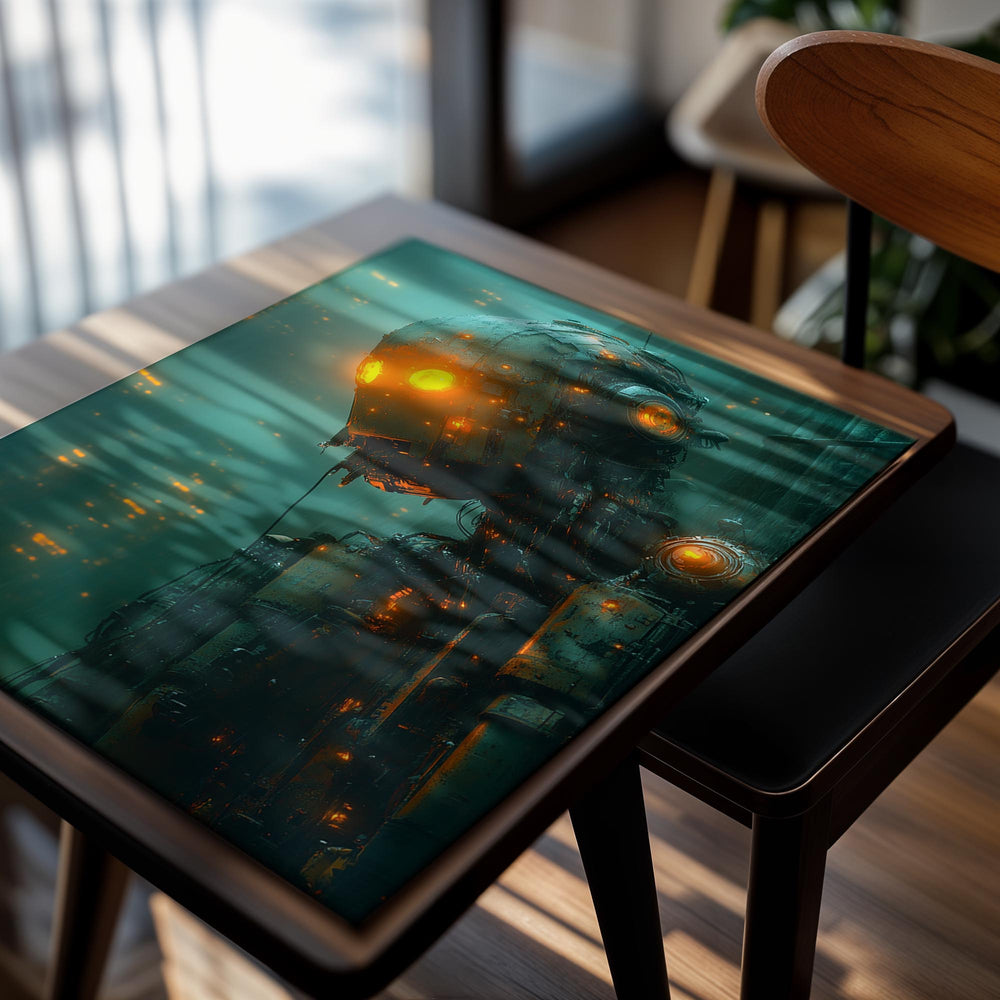 Mechanical creature with glowing eyes against a dark, urban background, as a premium aluminum metal print from GoMetalPrint.
