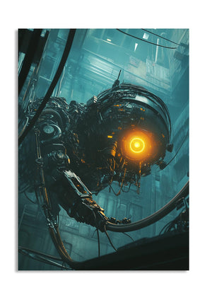 Mechanical creature with glowing eye in a futuristic setting, as a premium aluminum metal print from GoMetalPrint.
