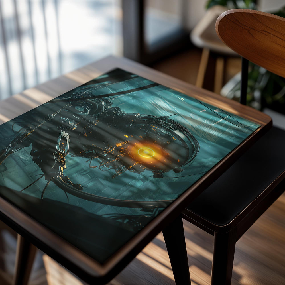 Mechanical creature with glowing eye in a futuristic setting, as a premium aluminum metal print from GoMetalPrint.
