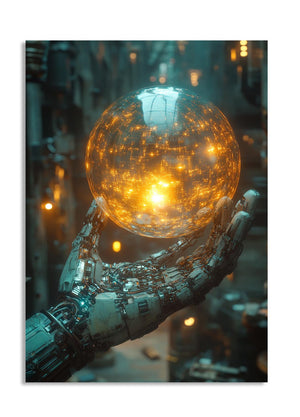 Mechanical hand holding a glowing light bulb against a blurred background, as a premium aluminum metal print from GoMetalPrint.
