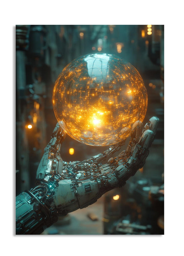 Mechanical hand holding a glowing light bulb against a blurred background, as a premium aluminum metal print from GoMetalPrint.
