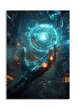 Robotic hand interacting with a glowing circular interface in a futuristic setting, as a premium aluminum metal print from GoMetalPrint.
