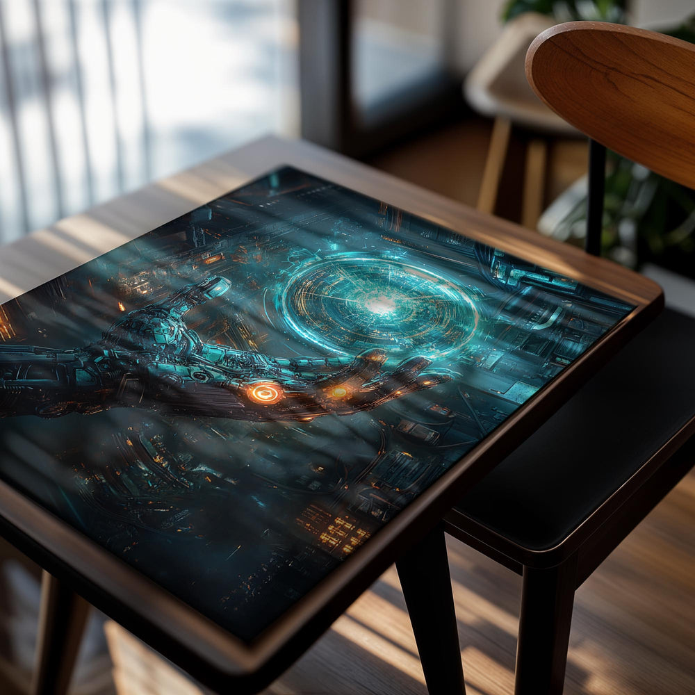 Robotic hand interacting with a glowing circular interface in a futuristic setting, as a premium aluminum metal print from GoMetalPrint.
