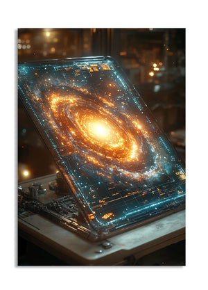 Laptop with galaxy design on a blurred indoor background, as a premium aluminum metal print from GoMetalPrint.
