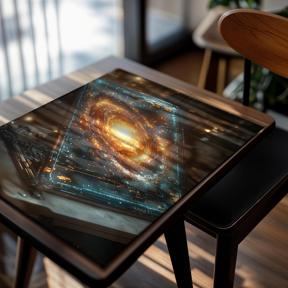 Laptop with galaxy design on a blurred indoor background, as a premium aluminum metal print from GoMetalPrint.
