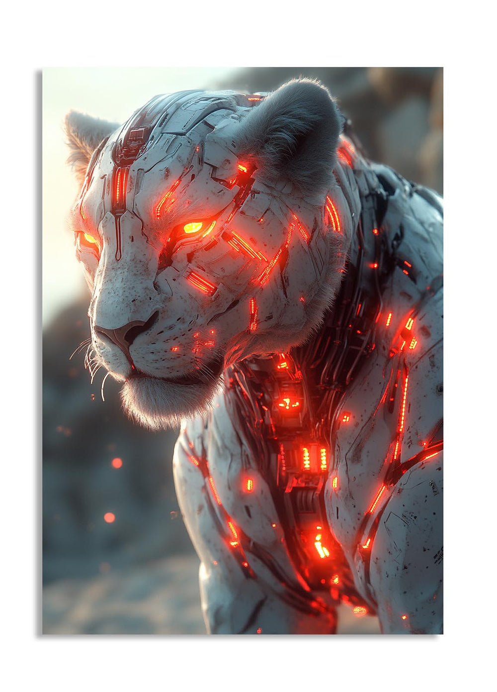 White tiger with red digital-like patterns on a blurred natural background, as a premium aluminum metal print from GoMetalPrint.
