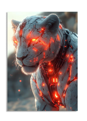 White tiger with red digital-like patterns on a blurred natural background, as a premium aluminum metal print from GoMetalPrint.
