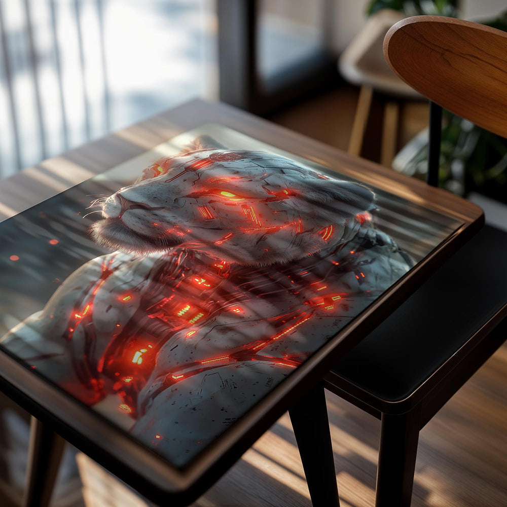 White tiger with red digital-like patterns on a blurred natural background, as a premium aluminum metal print from GoMetalPrint.
