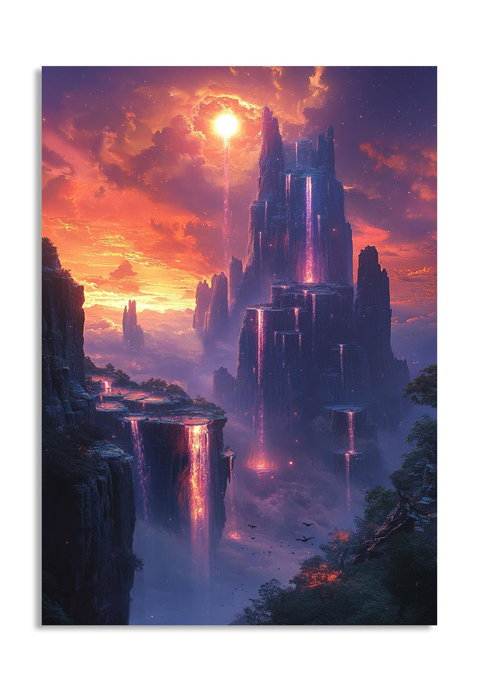Fantasy landscape with a glowing tower and fiery sky, as a premium aluminum metal print from GoMetalPrint.
