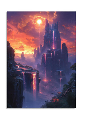 Fantasy landscape with a glowing tower and fiery sky, as a premium aluminum metal print from GoMetalPrint.
