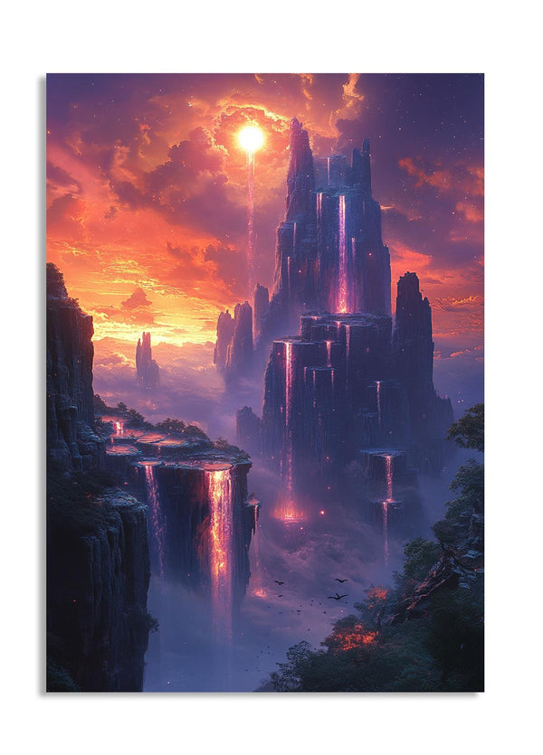 Fantasy landscape with a glowing tower and fiery sky, as a premium aluminum metal print from GoMetalPrint.
