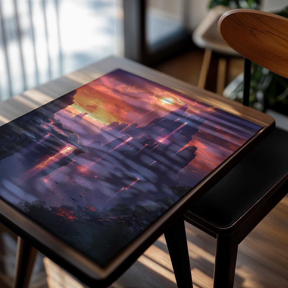 Fantasy landscape with a glowing tower and fiery sky, as a premium aluminum metal print from GoMetalPrint.
