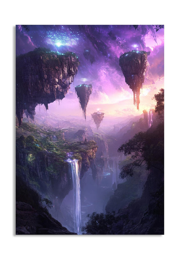 Fantasy landscape with floating islands and a waterfall, as a premium aluminum metal print from GoMetalPrint.
