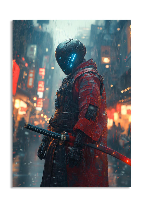 Character in a futuristic outfit with a helmet and sword in a cityscape at night, as a premium aluminum metal print from GoMetalPrint.

