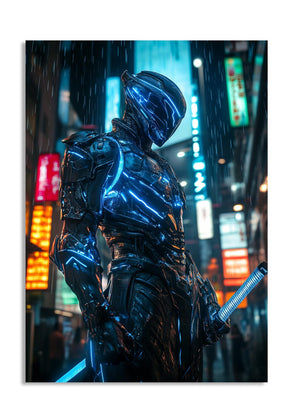 Cyberpunk-themed character with neon lights in a cityscape, as a premium aluminum metal print from GoMetalPrint.

