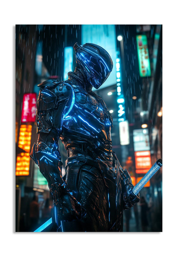 Cyberpunk-themed character with neon lights in a cityscape, as a premium aluminum metal print from GoMetalPrint.
