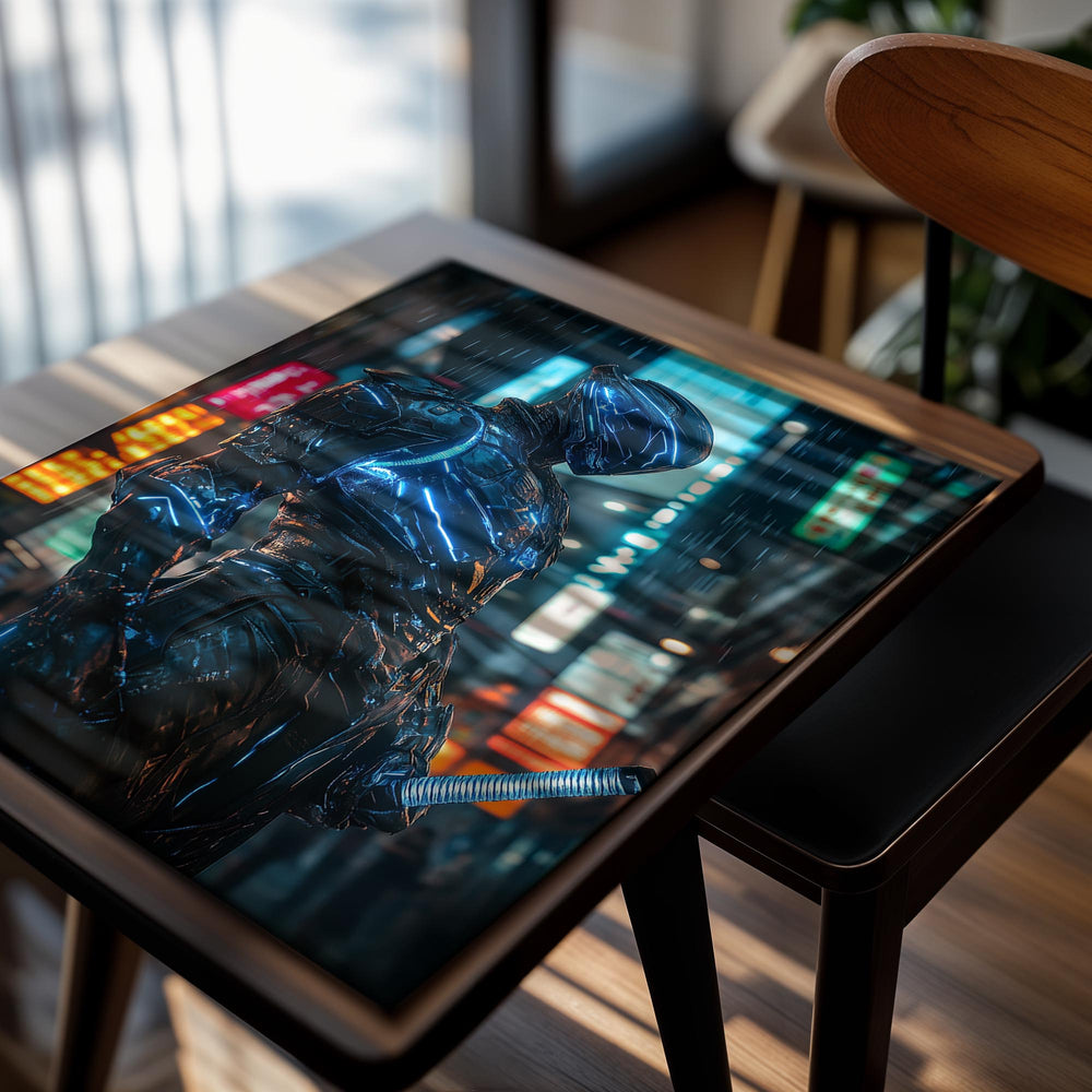 Cyberpunk-themed character with neon lights in a cityscape, as a premium aluminum metal print from GoMetalPrint.
