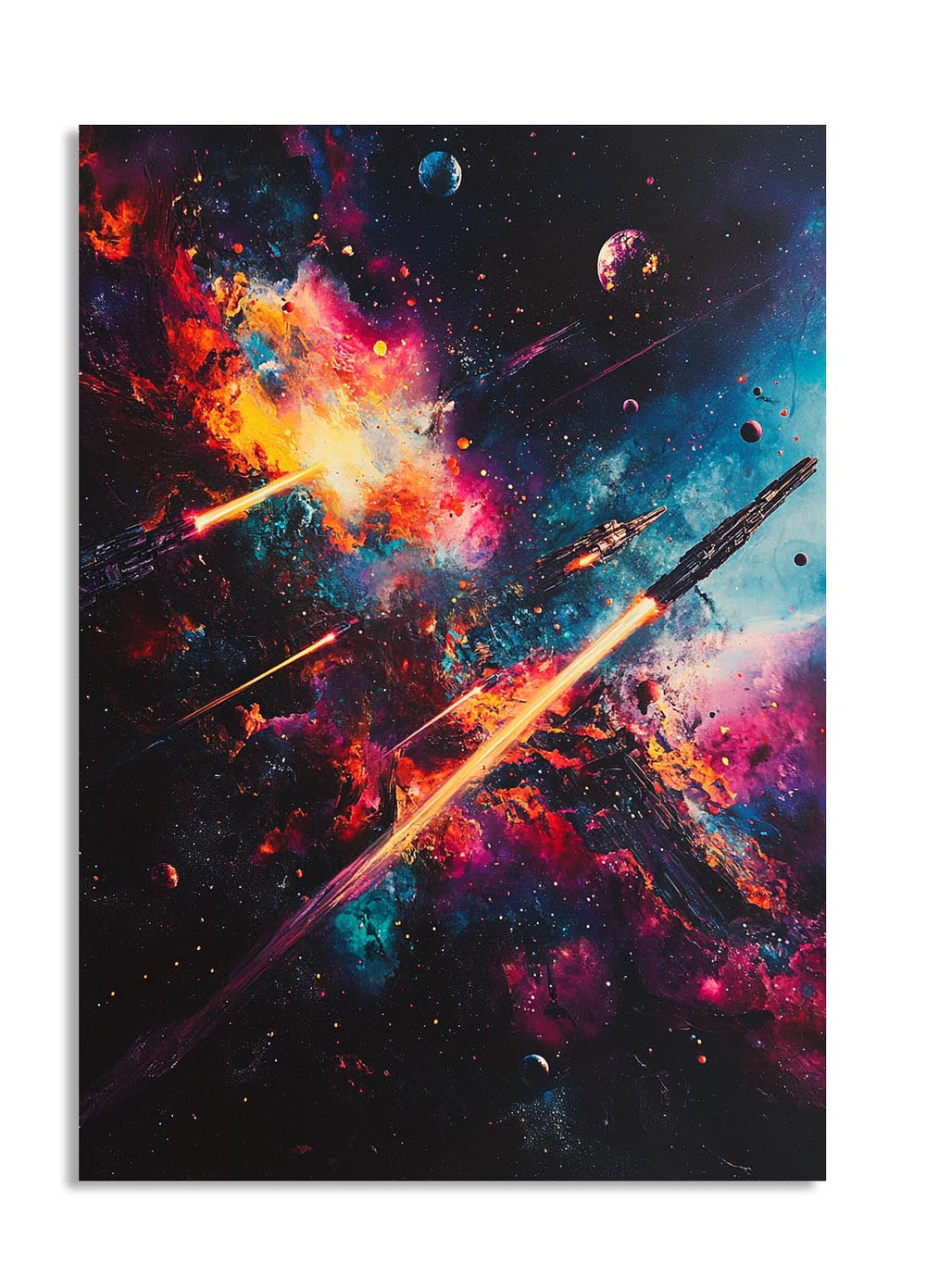 Space scene with a spaceship and nebulae, colorful and dynamic, as a premium aluminum metal print from GoMetalPrint.
