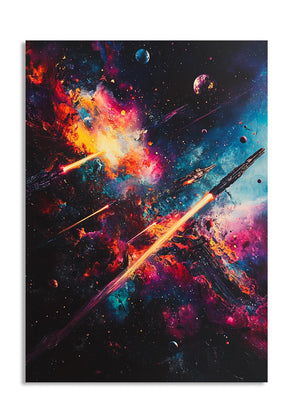 Space scene with a spaceship and nebulae, colorful and dynamic, as a premium aluminum metal print from GoMetalPrint.
