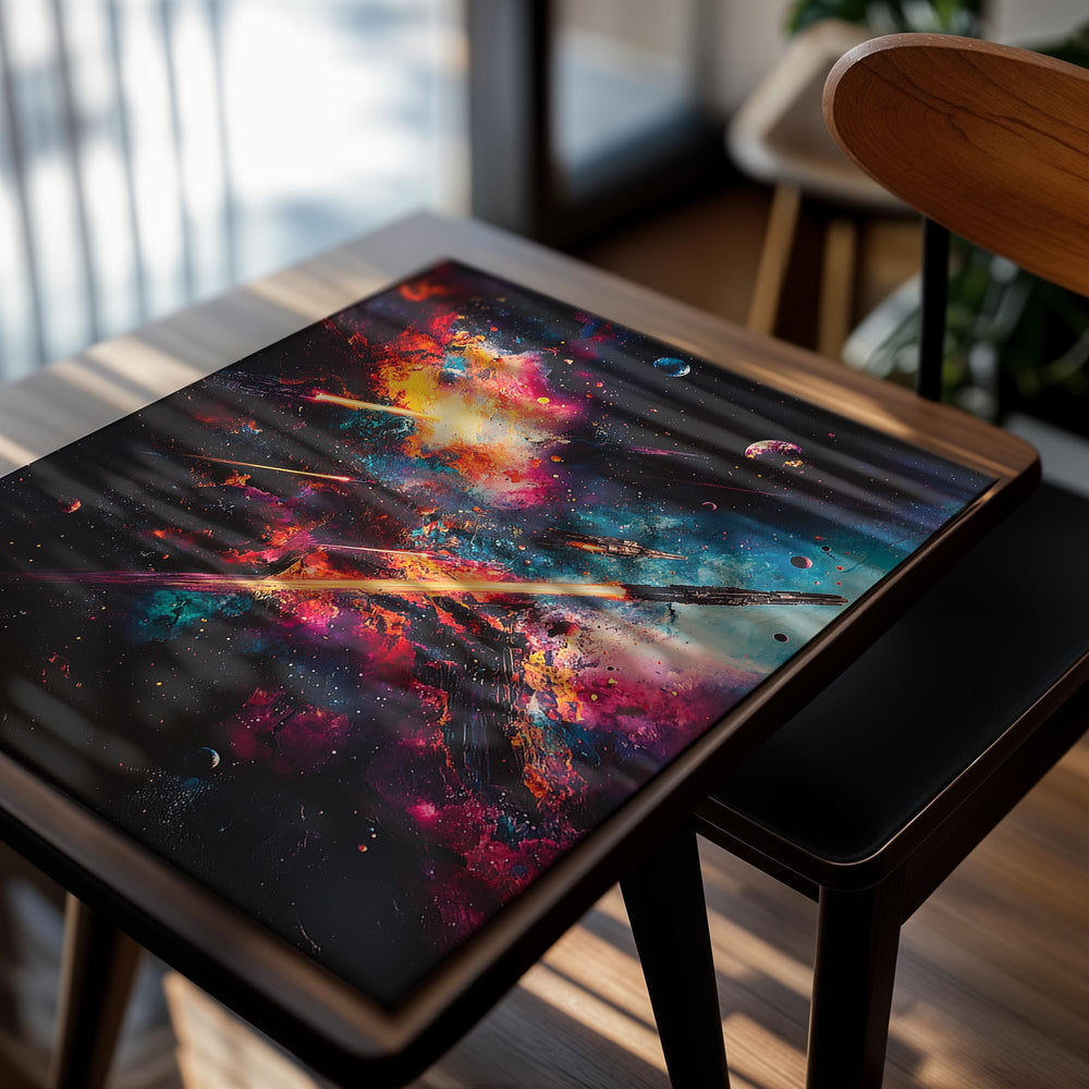 Space scene with a spaceship and nebulae, colorful and dynamic, as a premium aluminum metal print from GoMetalPrint.
