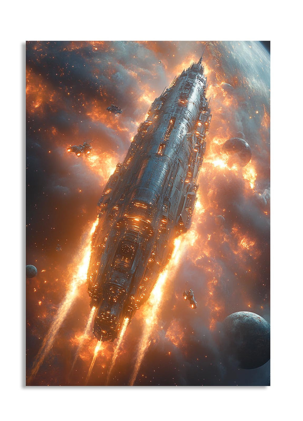Space ship in a fiery space scene with stars and planets, as a premium aluminum metal print from GoMetalPrint.
