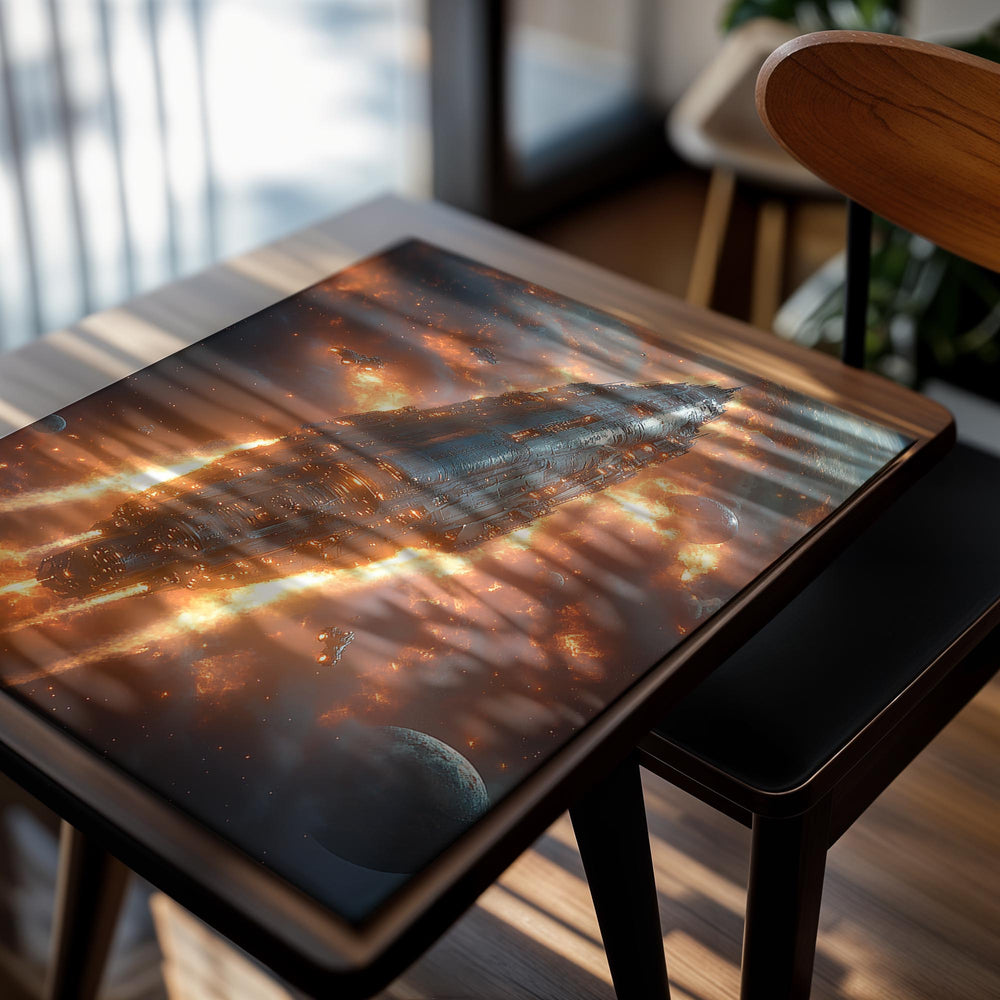 Space ship in a fiery space scene with stars and planets, as a premium aluminum metal print from GoMetalPrint.
