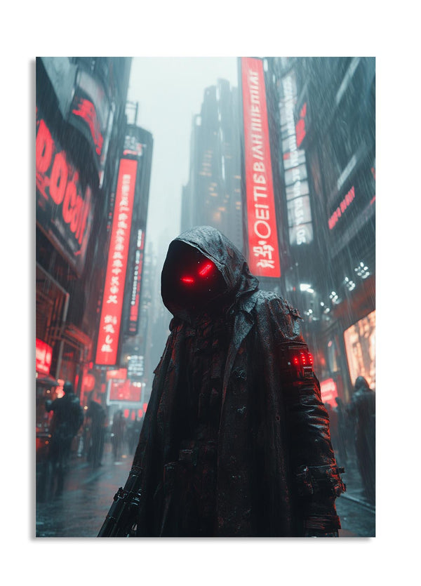 Person in a dark hooded outfit with glowing red eyes in a neon-lit city street , as a premium aluminum metal print from GoMetalPrint.
