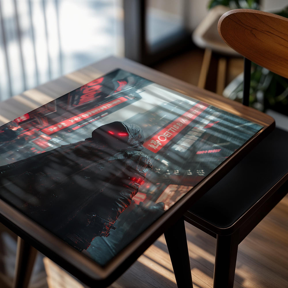 Person in a dark hooded outfit with glowing red eyes in a neon-lit city street , as a premium aluminum metal print from GoMetalPrint.
