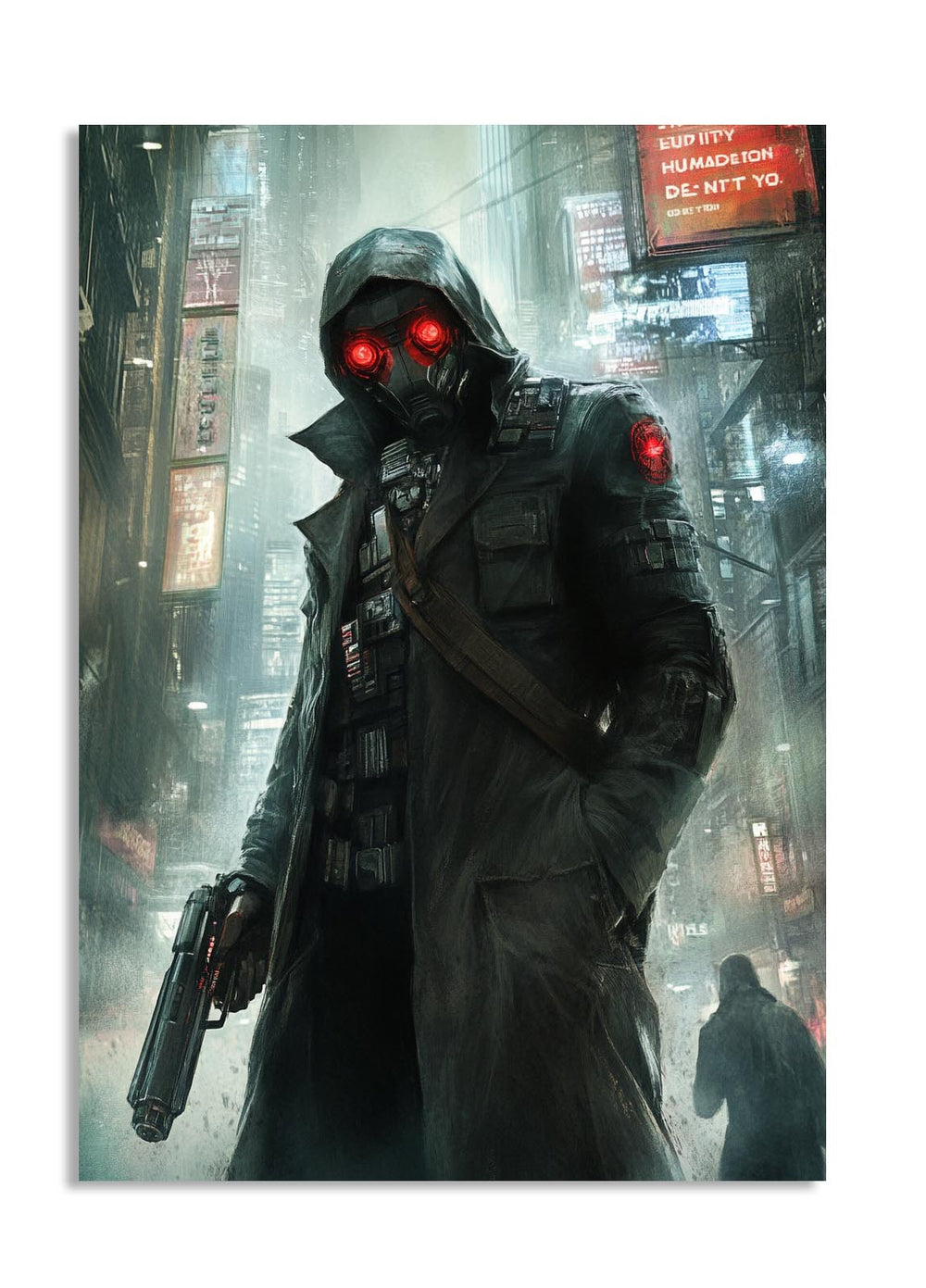 Cyberpunk-themed character with red eyes and a gun in a neon-lit cityscape, as a premium aluminum metal print from GoMetalPrint.
