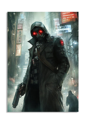 Cyberpunk-themed character with red eyes and a gun in a neon-lit cityscape, as a premium aluminum metal print from GoMetalPrint.
