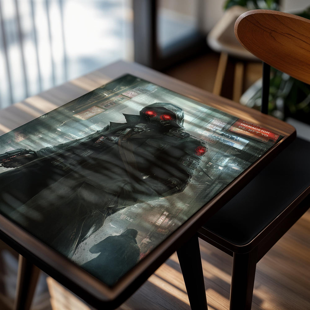 Cyberpunk-themed character with red eyes and a gun in a neon-lit cityscape, as a premium aluminum metal print from GoMetalPrint.
