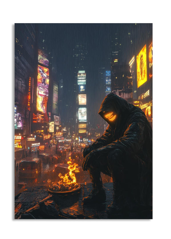 Person in a hood sitting by a fire in a neon-lit cityscape, as a premium aluminum metal print from GoMetalPrint.
