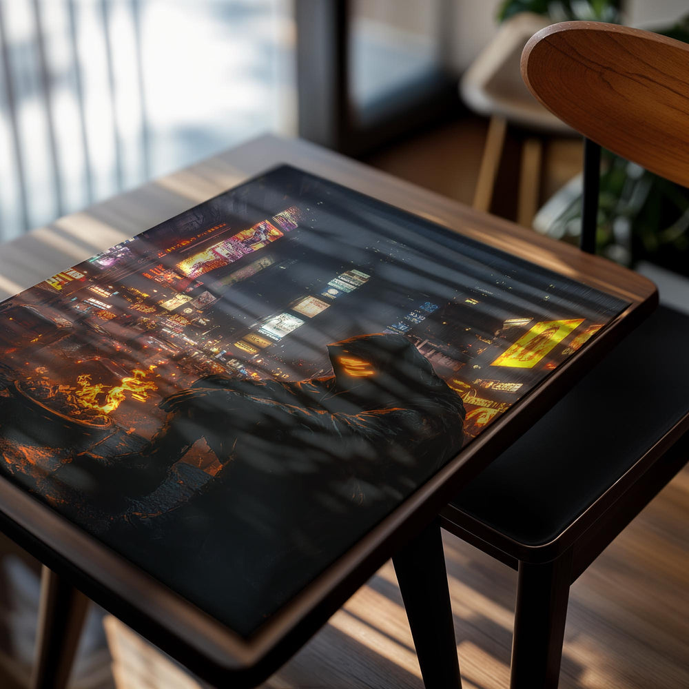 Person in a hood sitting by a fire in a neon-lit cityscape, as a premium aluminum metal print from GoMetalPrint.
