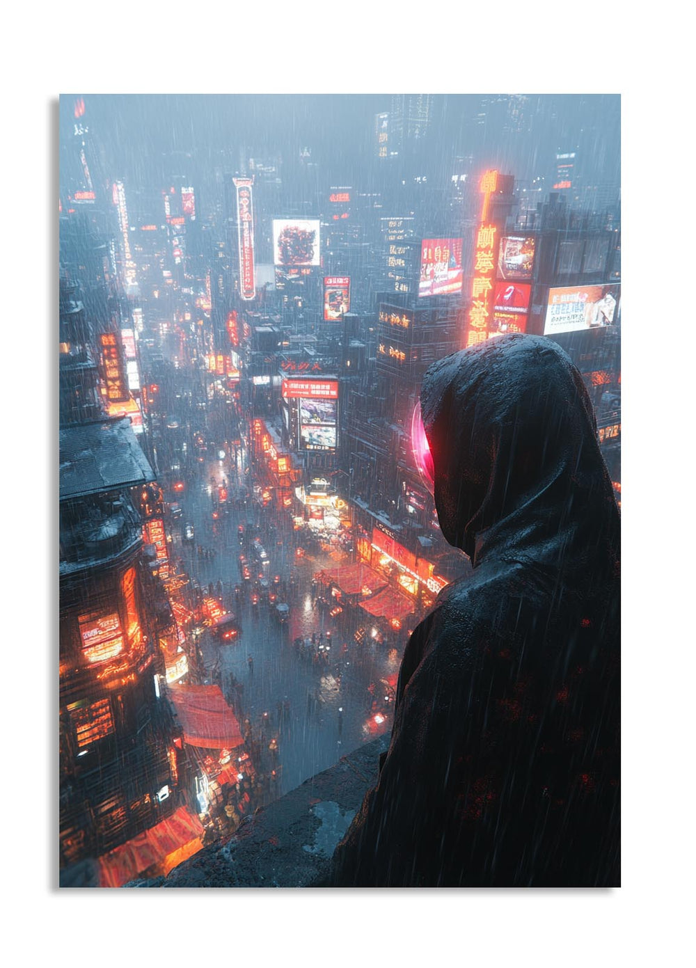 Person in a hood looking over a cityscape at night with bright lights, as a premium aluminum metal print from GoMetalPrint.
