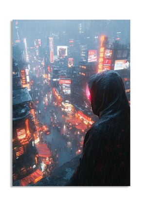 Person in a hood looking over a cityscape at night with bright lights, as a premium aluminum metal print from GoMetalPrint.
