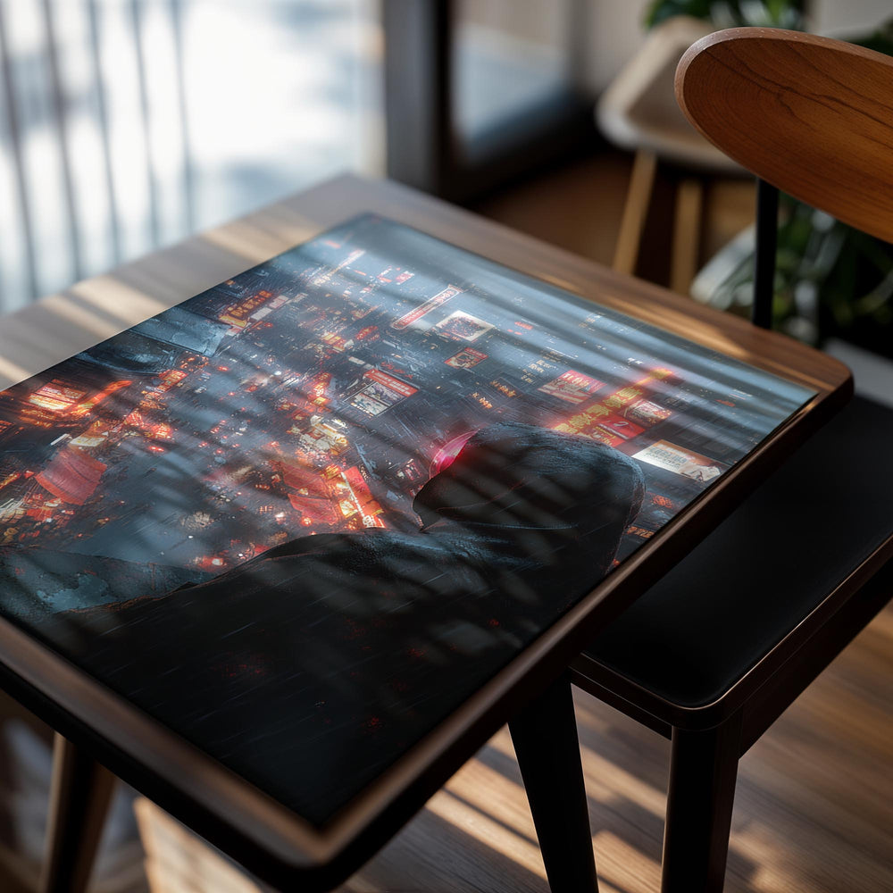 Person in a hood looking over a cityscape at night with bright lights, as a premium aluminum metal print from GoMetalPrint.

